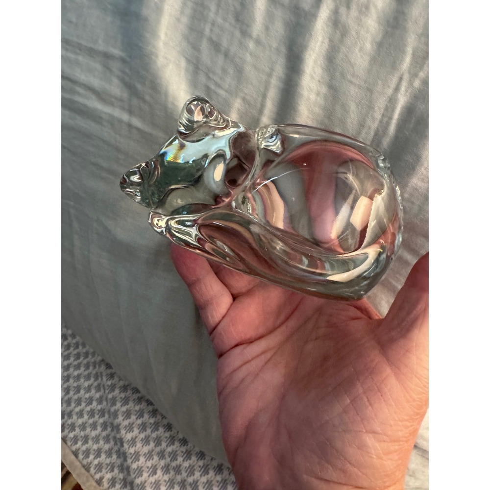 Vintage Clear Art Glass Sleeping Cat Paperweight Curled Kitty Figurine 4 Inch